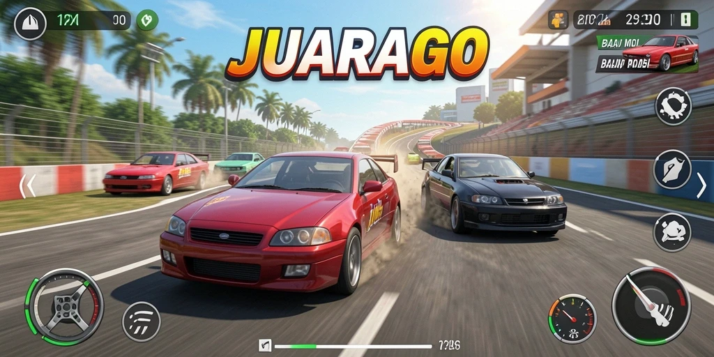 Screenshot JUARAGO menampilkan balapan mobil yang intens dan penuh aksi.